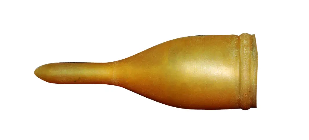 A gold colored bottle with a white background