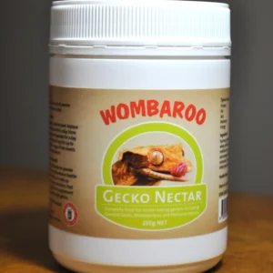 A jar of wombaroo gecko nectar on top of a table.