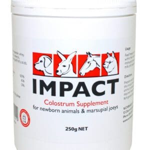 A container of impact colostrum supplement for horses.