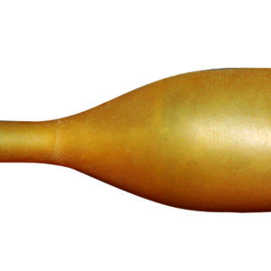 A gold colored bottle with a white background