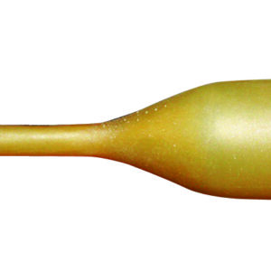 A gold colored bottle with a long handle.