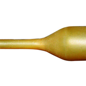 A gold colored bottle with a long handle.