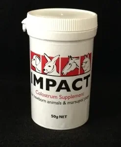 A container of impact colostrum supplement for horses.