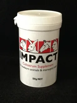 A container of impact colostrum supplement for horses.